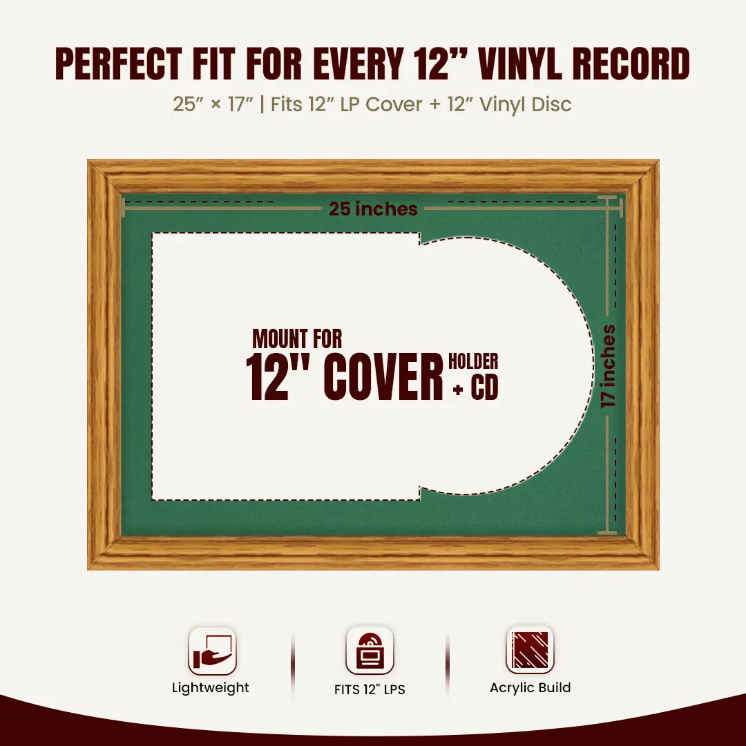 25x17" Classic Oak Vinyl Record Frame For 12 Inch LP Cover & Disc With Emerald (Green) Mount | Overlapped Vinyl Display thumbnail 3