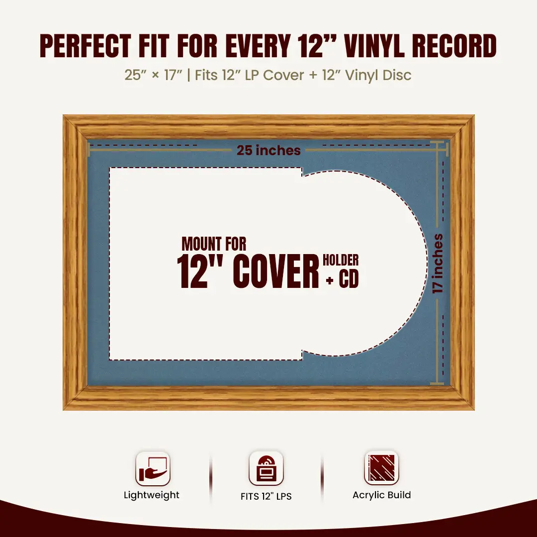 25x17" Classic Oak Vinyl Record Frame For 12 Inch LP Cover & Disc With Pompador Mount | Overlapped Vinyl Display thumbnail 3