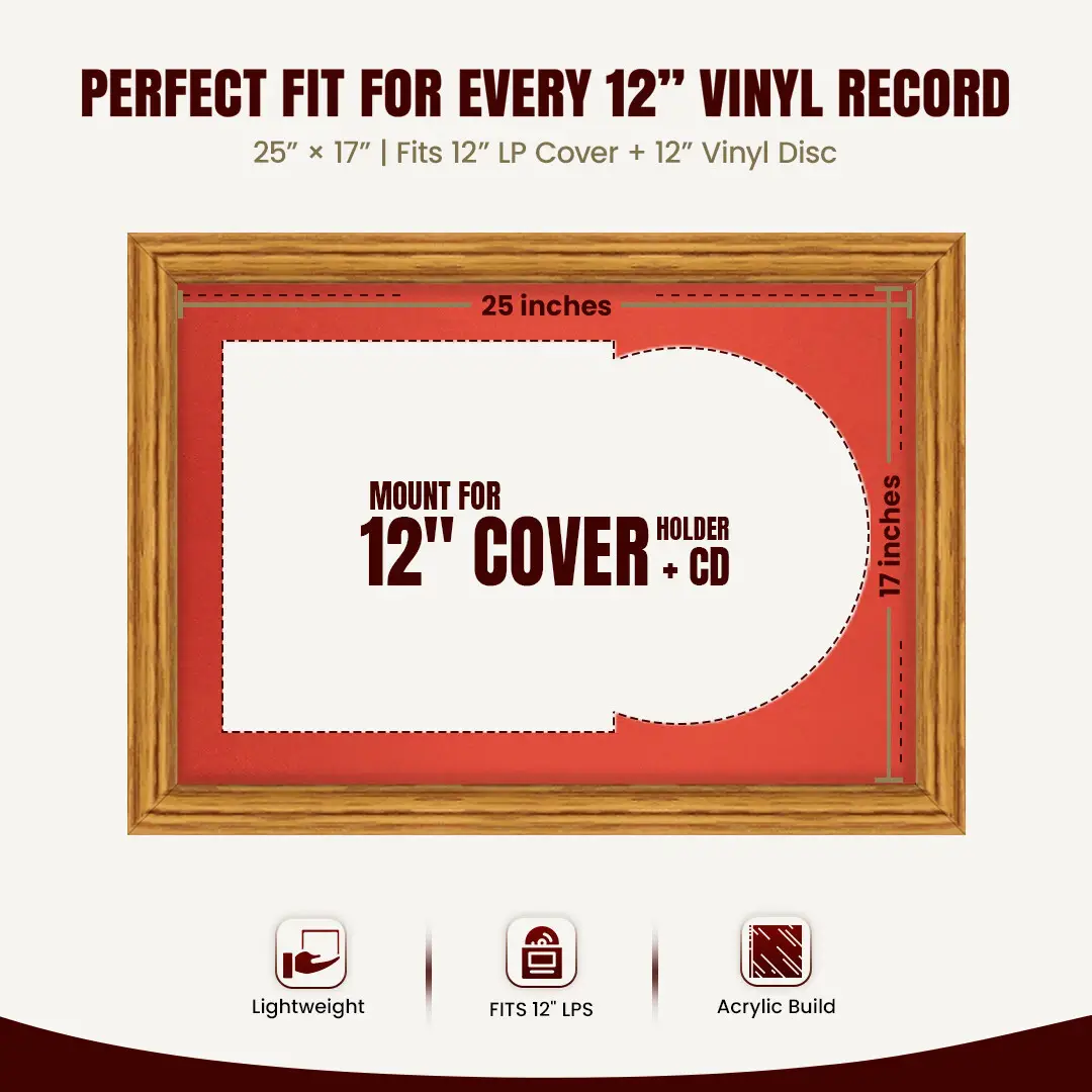 25x17" Classic Oak Vinyl Record Frame For 12 Inch LP Cover & Disc With Poppy Red Mount | Overlapped Vinyl Display thumbnail 3