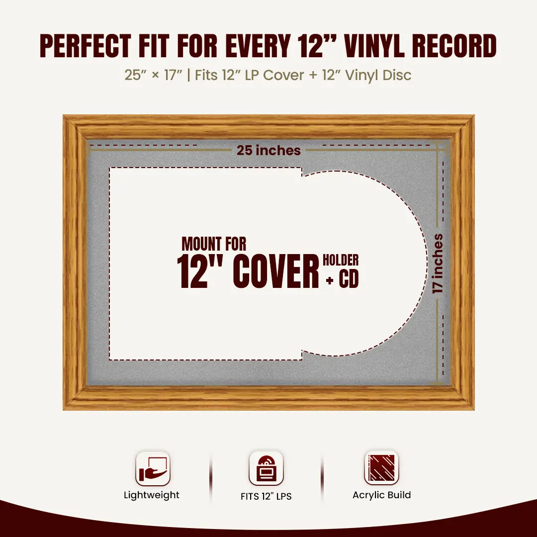 25x17" Classic Oak Vinyl Record Frame For 12 Inch LP Cover & Disc With Silver Mount | Overlapped Vinyl Display thumbnail 3