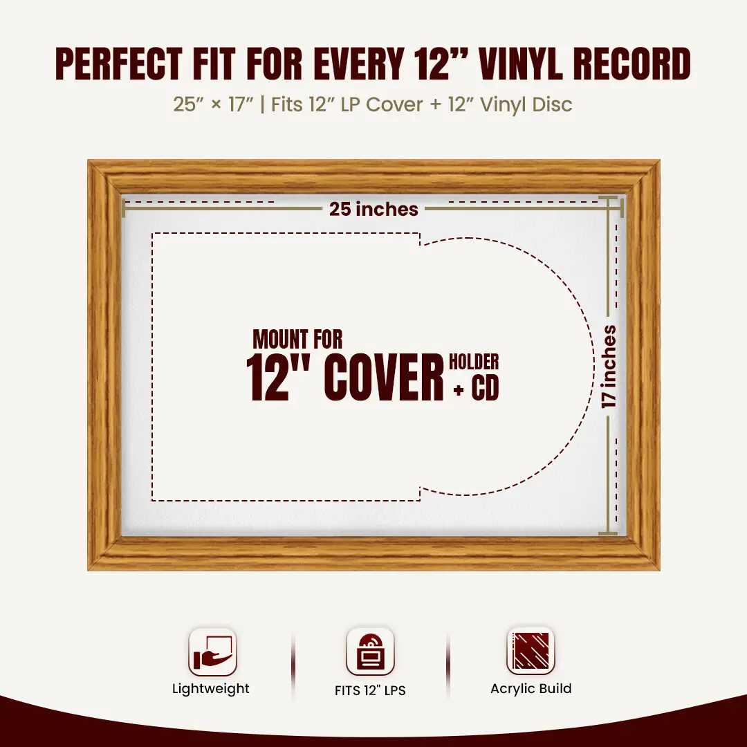 25x17" Classic Oak Vinyl Record Frame For LP Cover & Disc With Ice White Mount | Overlapped Display thumbnail 3