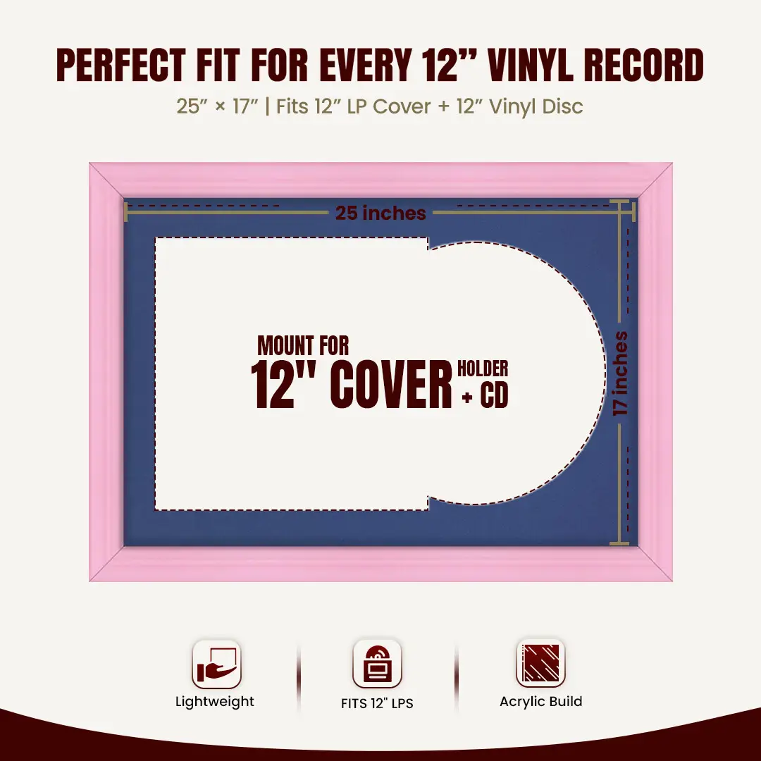 25x17" Classic Pastel Pink Vinyl Record Frame For LP Cover & Disc With Blue Mount | Overlapped Display thumbnail 3