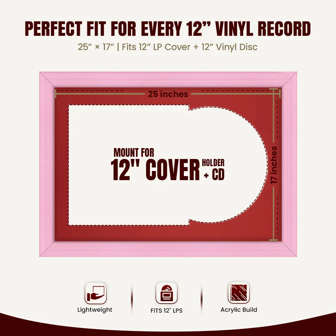 25x17" Classic Pastel Pink Vinyl Record Frame For 12 Inch LP Cover & Disc (Overlapped) With Crimson Mount | Elegant Music Display thumbnail 3