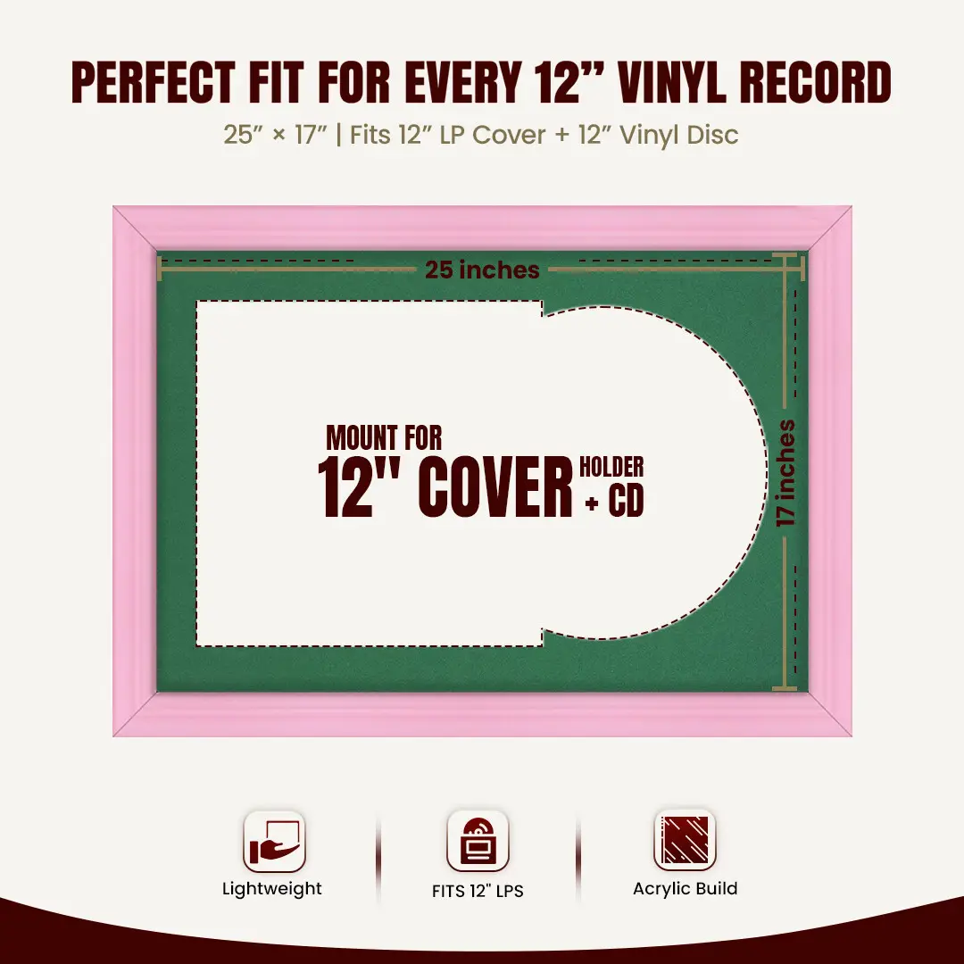25x17" Classic Pastel Pink Vinyl Record Frame For 12 Inch LP Cover & Disc (Overlapped) With Emerald (Green) Mount | Elegant Music Display thumbnail 3