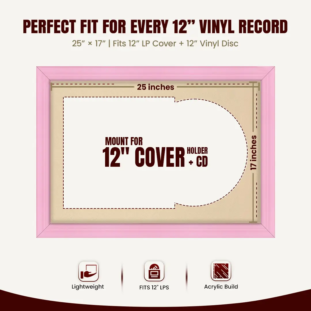 25x17" Classic Pastel Pink Vinyl Record Frame For LP Cover & Disc With Poppy Red Mount | Overlapped Display thumbnail 3