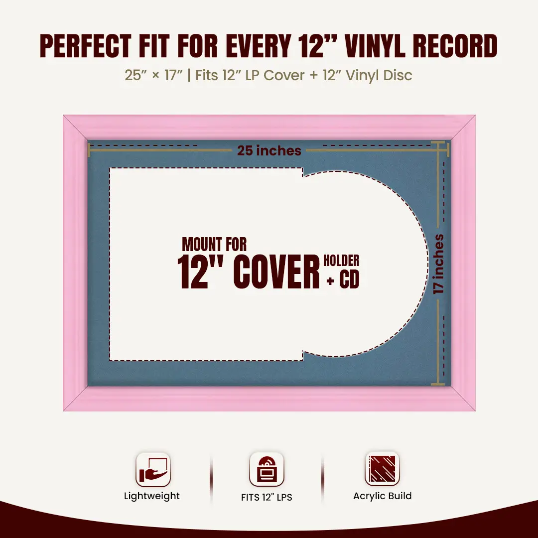 25x17" Classic Pastel Pink Vinyl Record Frame For LP Cover & Disc With Pompador Mount | Overlapped Display thumbnail 3