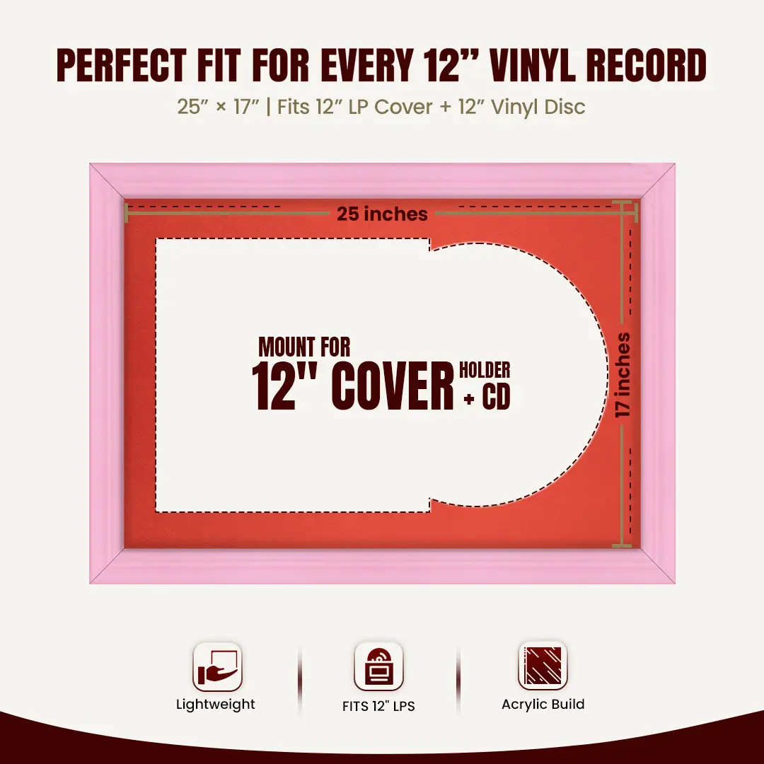 25x17" Classic Pastel Pink Vinyl Record Frame For 12 Inch LP Cover & Disc (Overlapped) With Poppy Red Mount | Elegant Music Display thumbnail 3