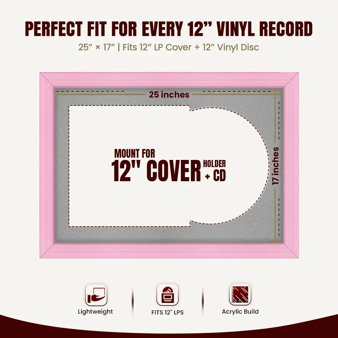 25x17" Classic Pastel Pink Vinyl Record Frame For 12 Inch LP Cover & Disc With Silver Mount | Overlapped Vinyl Display thumbnail 3
