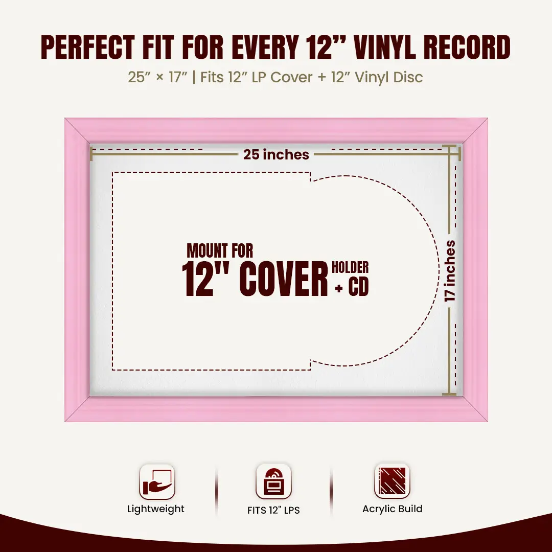 25x17" Classic Pastel Pink Vinyl Record Frame For 12 Inch LP Cover & Disc With Ice White Mount | Overlapped Vinyl Display thumbnail 3