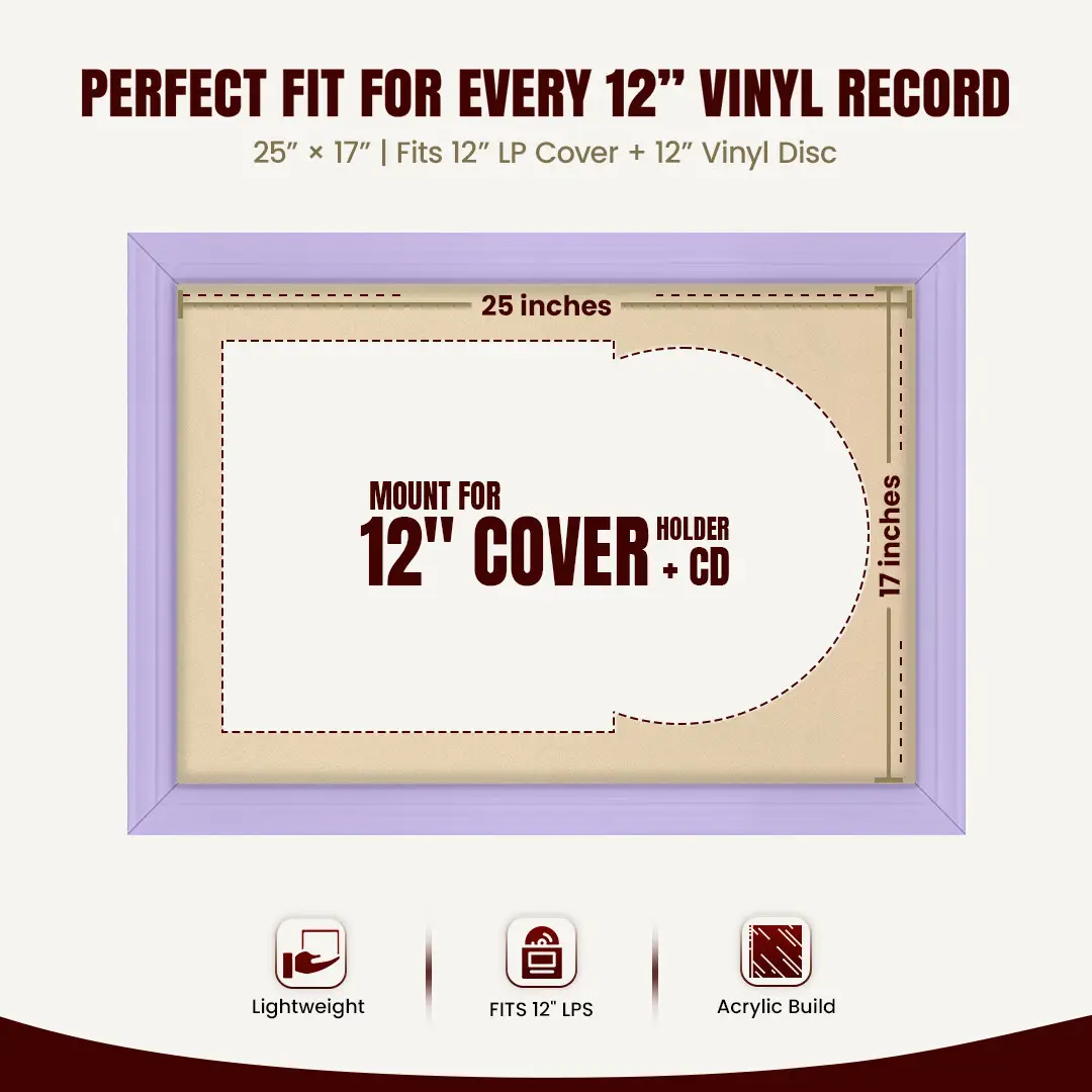 25x17" Classic Purple Vinyl Record Frame For 12 Inch LP Cover & Disc (Overlapped) With Ivory Mount | Elegant Music Display thumbnail 3