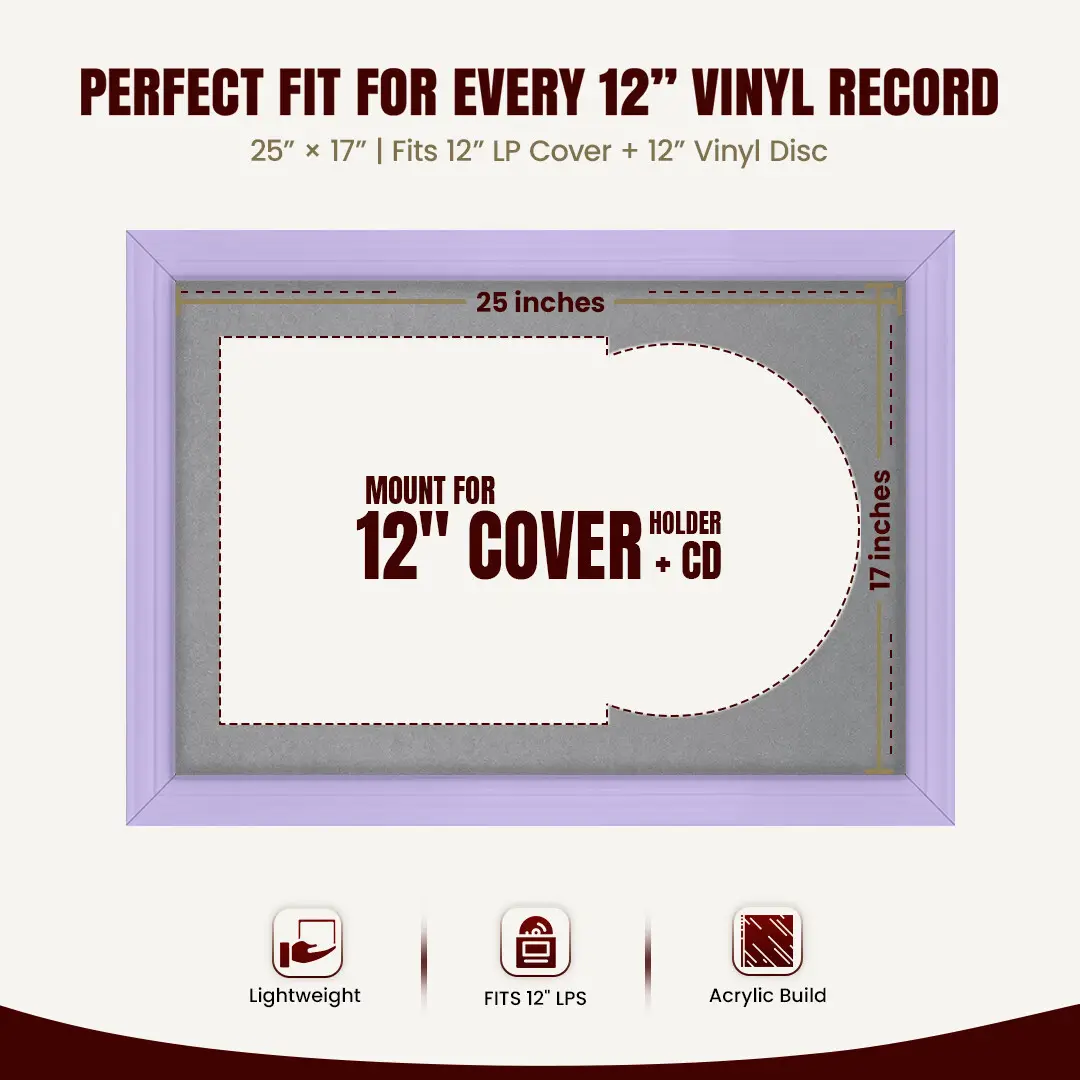 25x17" Classic Purple Vinyl Record Frame For 12 Inch LP Cover & Disc (Overlapped) With Mid Grey Mount | Elegant Music Display thumbnail 3