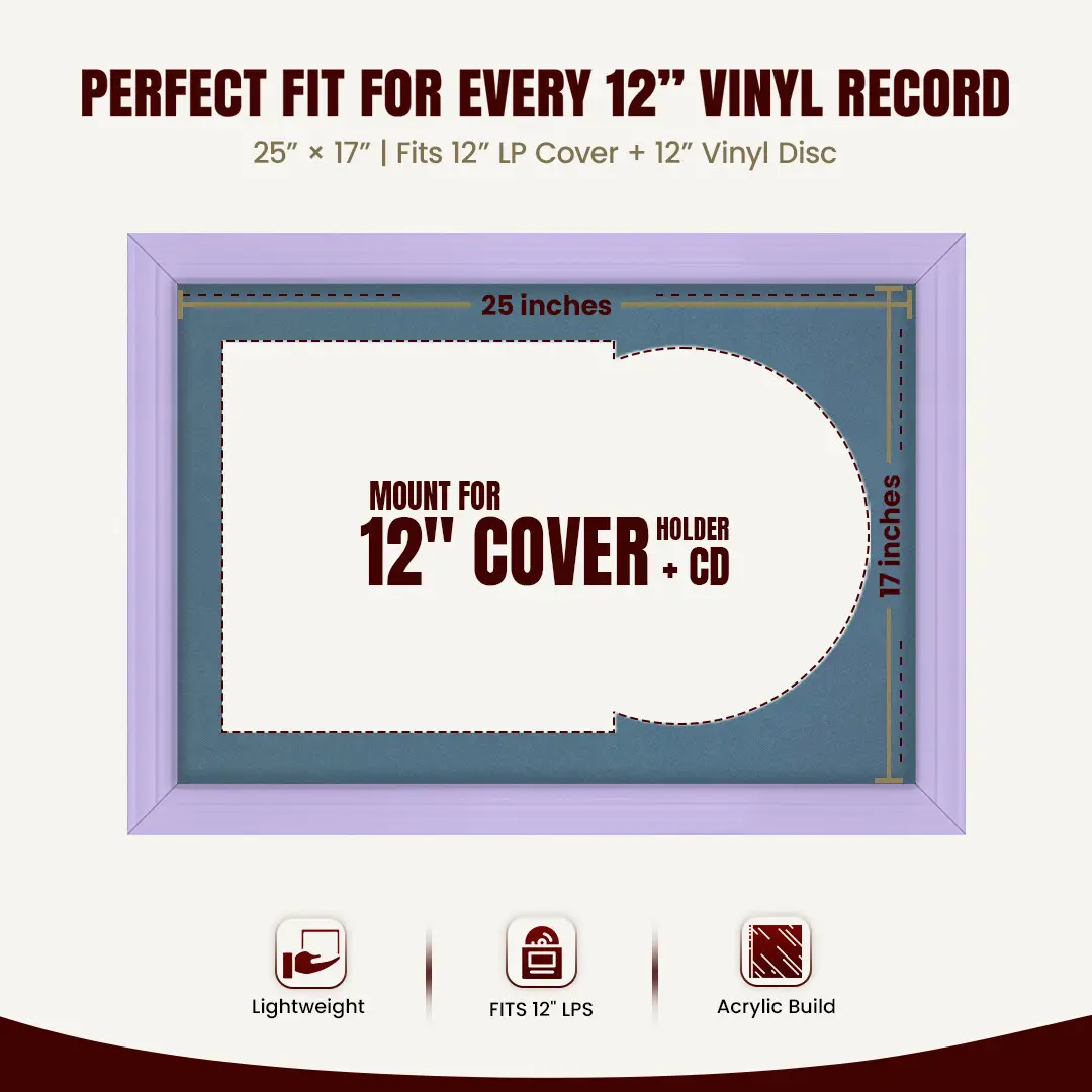 25x17" Classic Purple Vinyl Record Frame For LP Cover & Disc With Pompador Mount | Overlapped Display thumbnail 3