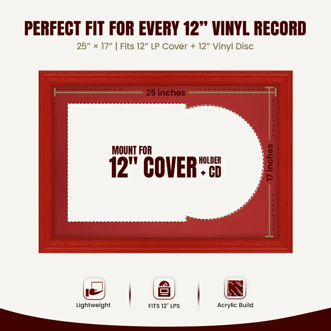 25x17" Classic Red Vinyl Record Frame For LP Cover & Disc With Crimson Mount | Overlapped Display thumbnail 3