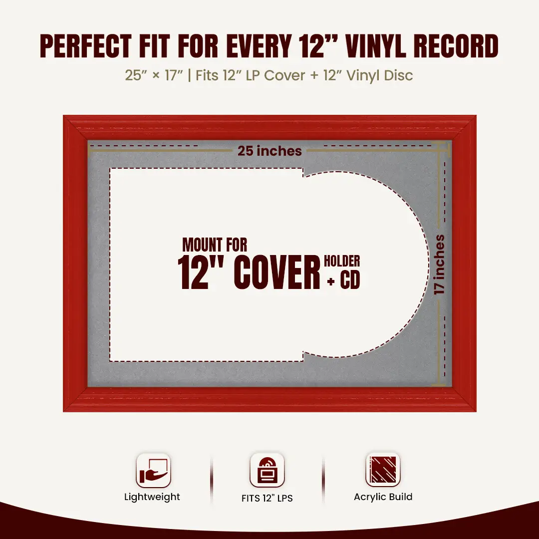 25x17" Classic Red Vinyl Record Frame For LP Cover & Disc With Mid Grey Mount | Overlapped Display thumbnail 3