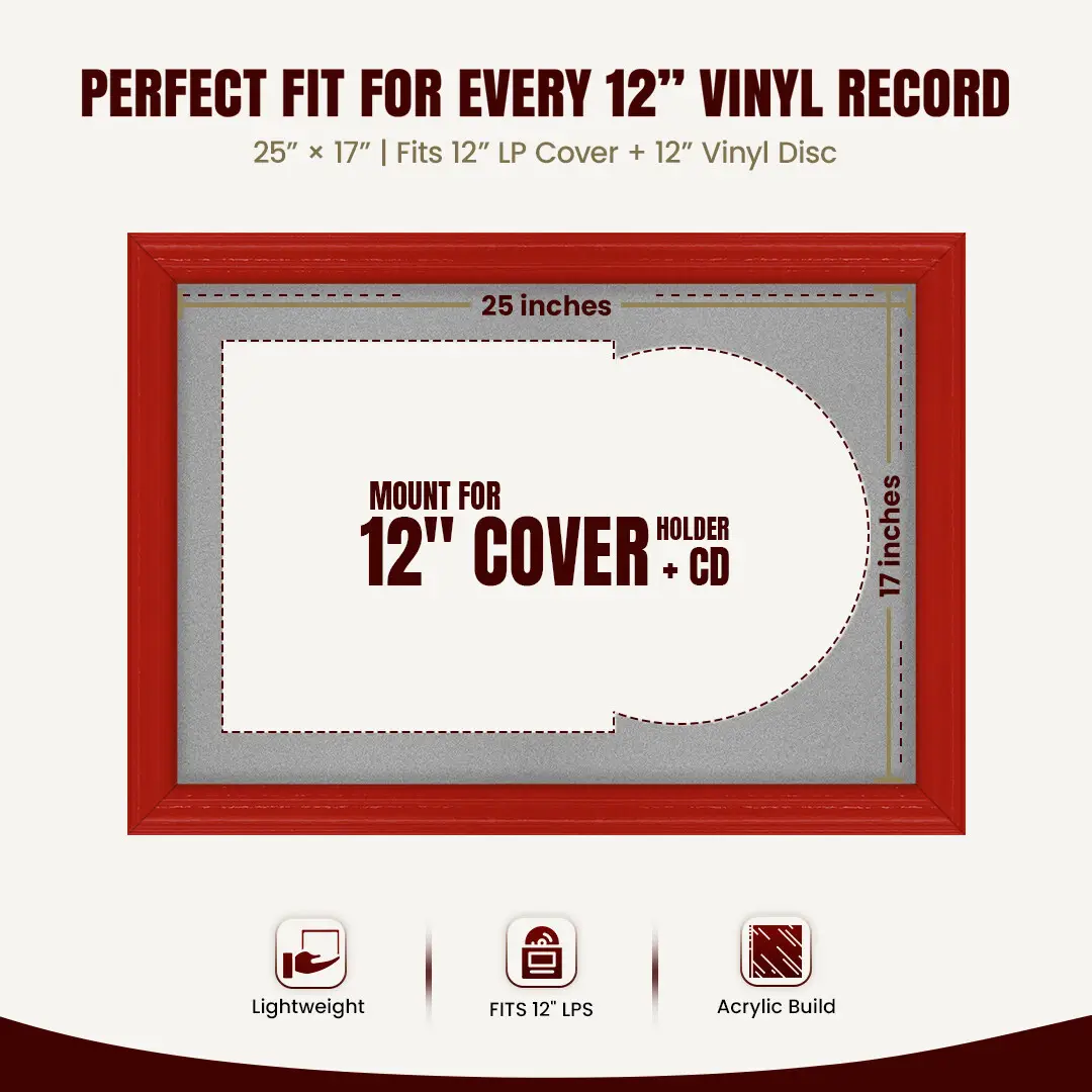 25x17" Classic Red Vinyl Record Frame For 12 Inch LP Cover & Disc (Overlapped) With Silver Mount | Elegant Music Display thumbnail 3