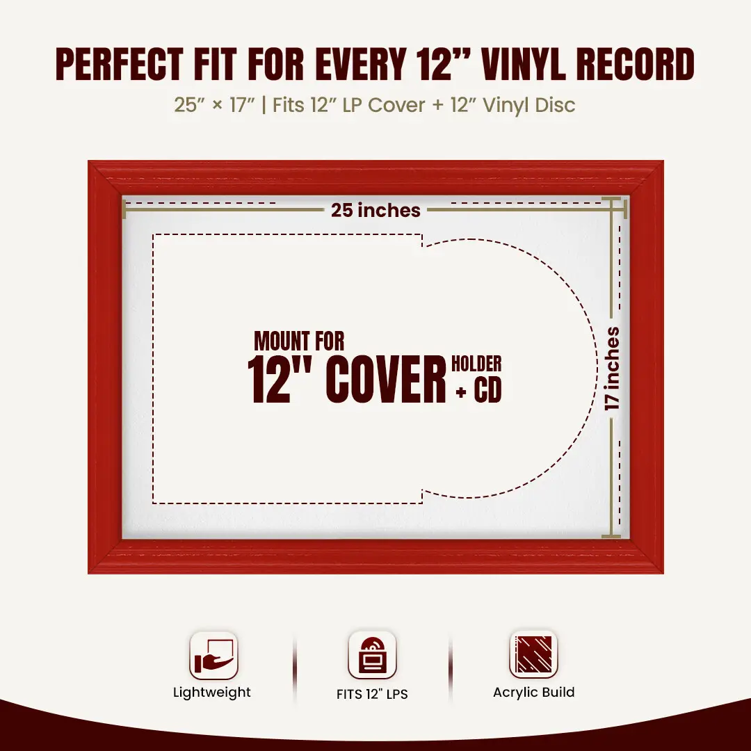 25x17" Classic Red Vinyl Record Frame For 12 Inch LP Cover & Disc (Overlapped) With Ice White Mount | Elegant Music Display thumbnail 3