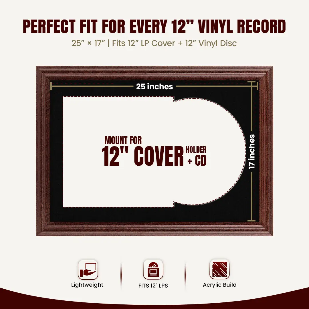 25x17" Classic Rose Wood Vinyl Record Frame For 12 Inch LP Cover & Disc With Black Mount | Overlapped Vinyl Display thumbnail 3