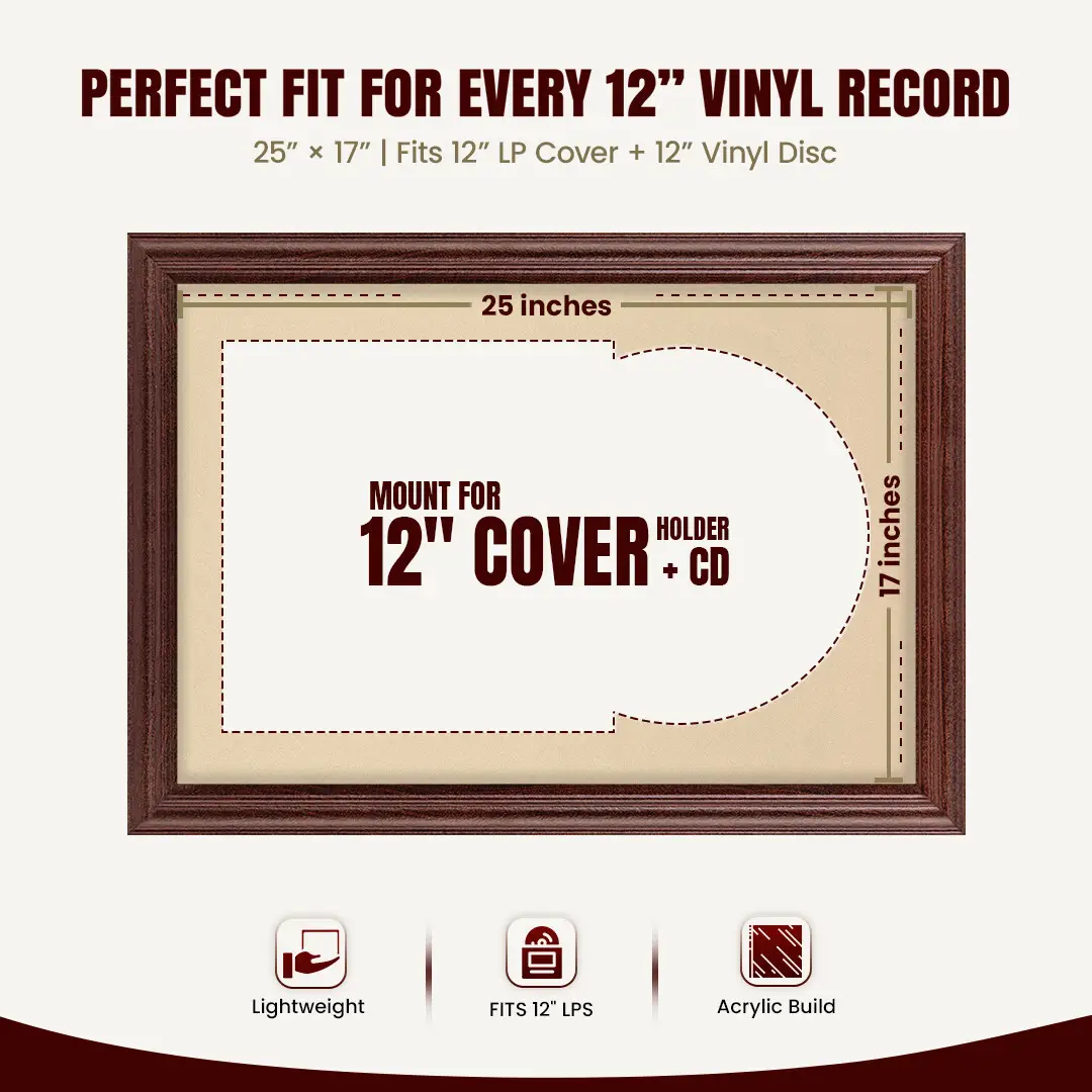 25x17" Classic Rose Wood Vinyl Record Frame For 12 Inch LP Cover & Disc (Overlapped) With Ivory Mount | Elegant Music Display thumbnail 3