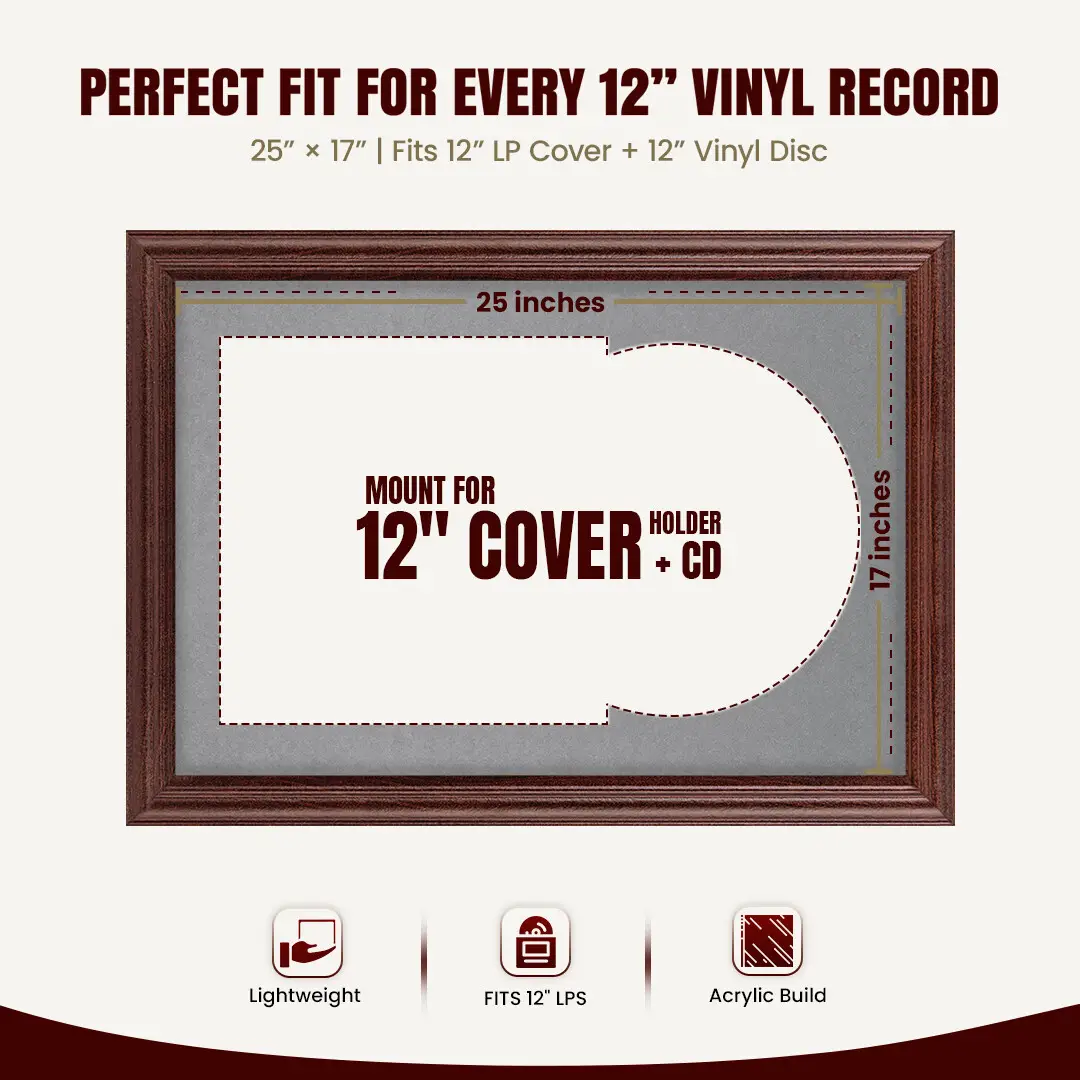 25x17" Classic Rose Wood Vinyl Record Frame For 12 Inch LP Cover & Disc With Mid Grey Mount | Overlapped Vinyl Display thumbnail 3