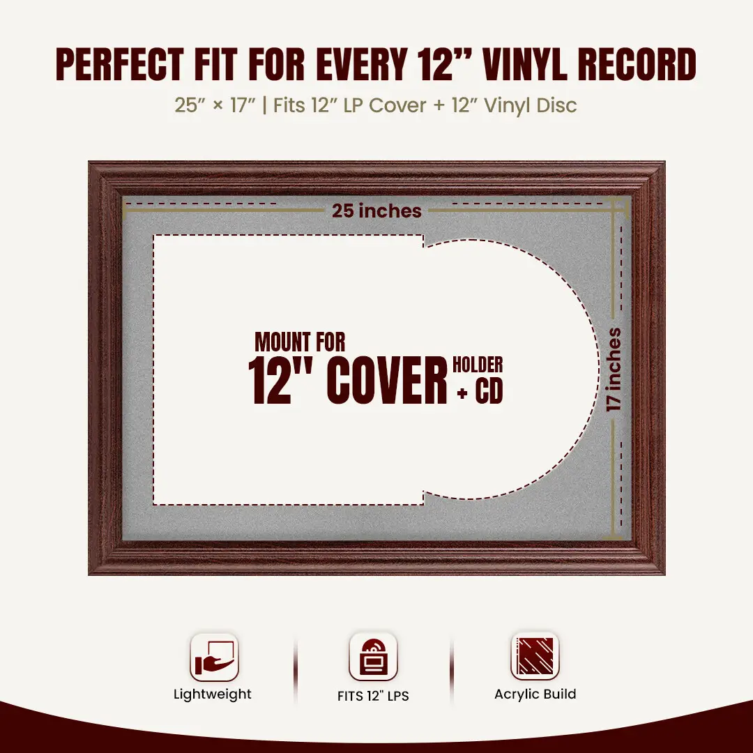 25x17" Classic Rose Wood Vinyl Record Frame For LP Cover & Disc With Silver Mount | Overlapped Display thumbnail 3
