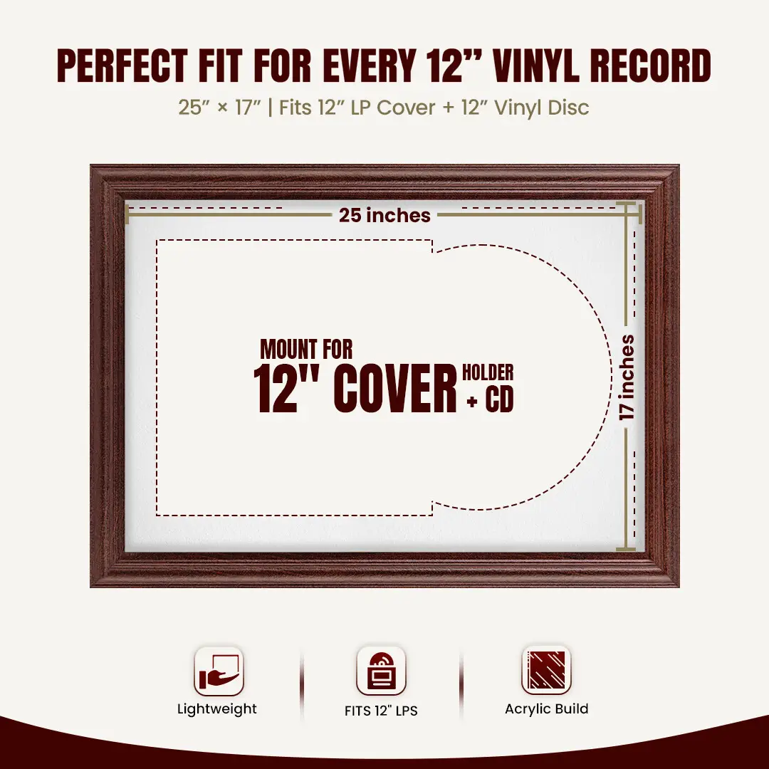 25x17" Classic Rose Wood Vinyl Record Frame For 12 Inch LP Cover & Disc (Overlapped) With Ice White Mount | Elegant Music Display thumbnail 3