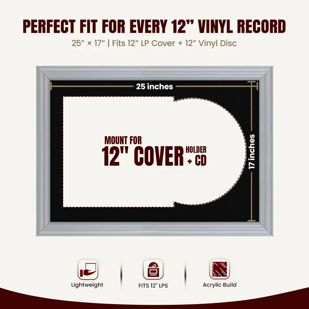 25x17" Classic Silver Vinyl Record Frame For 12 Inch LP Cover & Disc With Black Mount | Overlapped Vinyl Display thumbnail 3