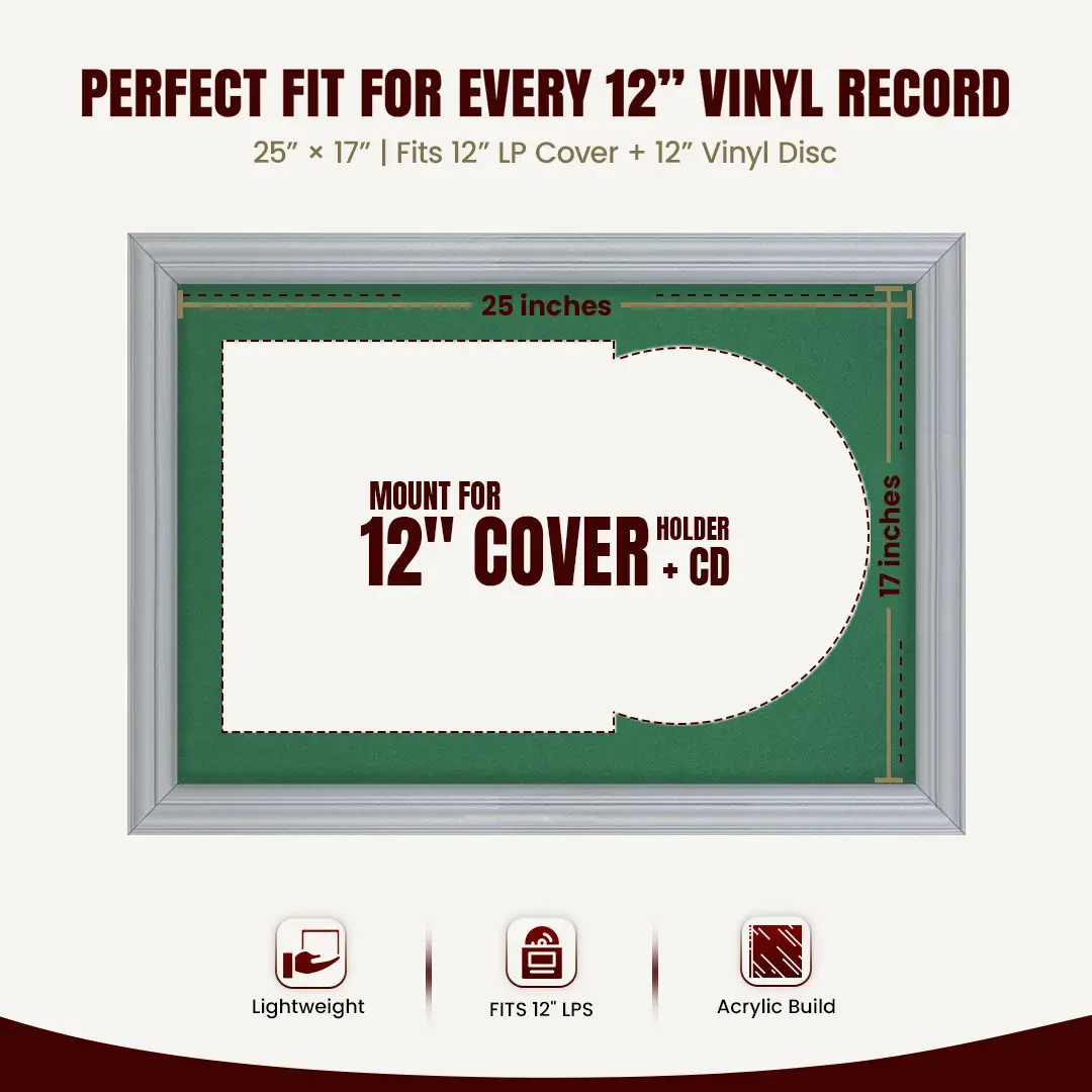 25x17" Classic Silver Vinyl Record Frame For LP Cover & Disc With Emerald (Green) Mount | Overlapped Display thumbnail 3