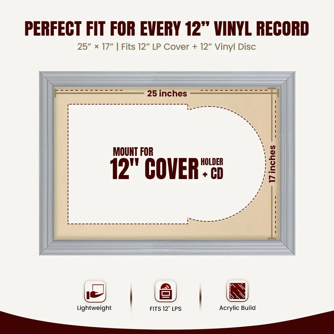 25x17" Classic Silver Vinyl Record Frame For LP Cover & Disc With Ivory Mount | Overlapped Display thumbnail 3