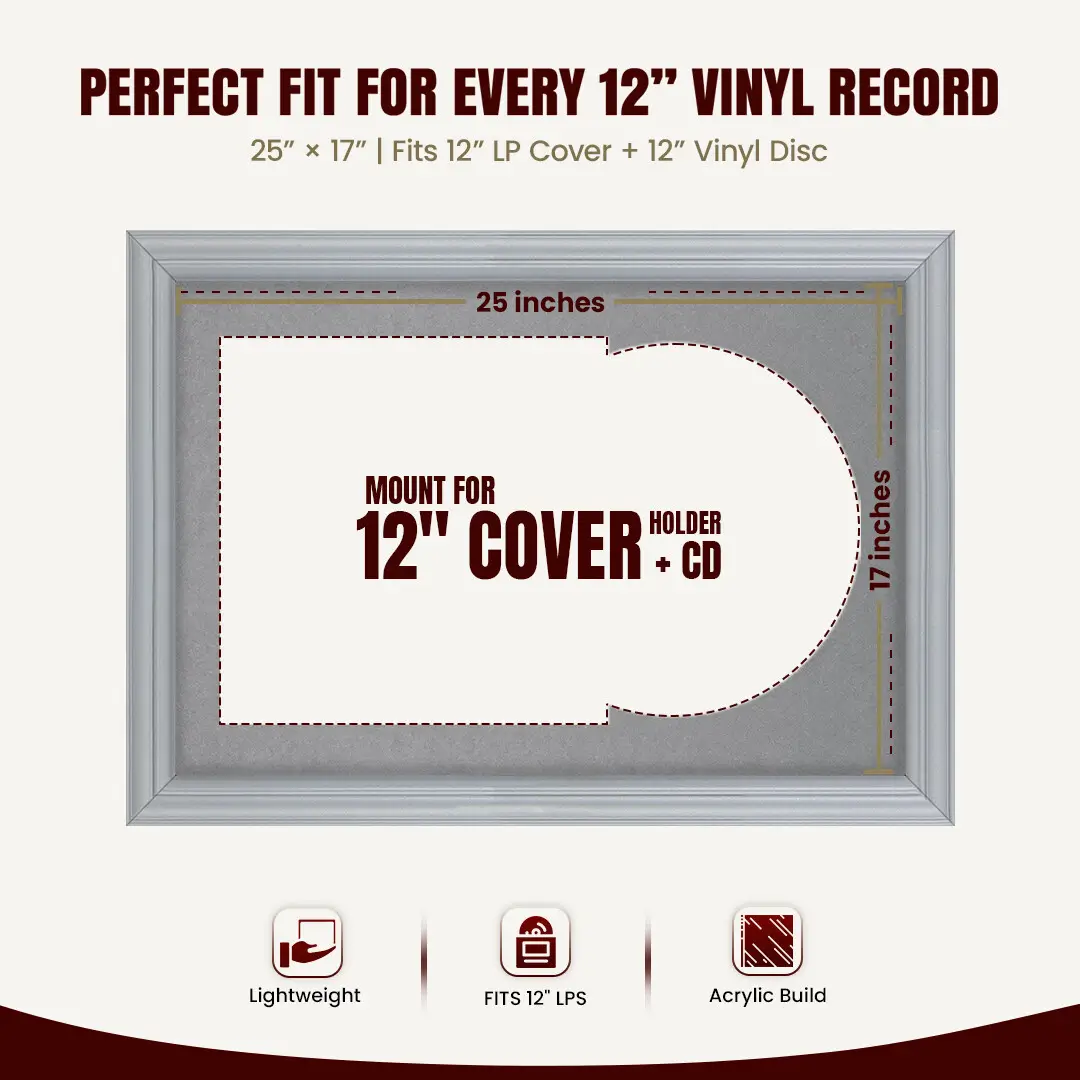 25x17" Classic Silver Vinyl Record Frame For LP Cover & Disc With Mid Grey Mount | Overlapped Display thumbnail 3