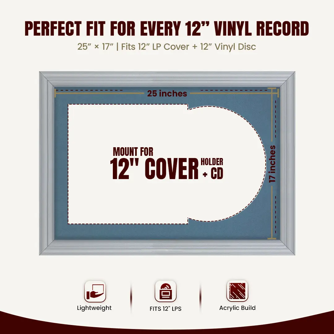 25x17" Classic Silver Vinyl Record Frame For 12 Inch LP Cover & Disc (Overlapped) With Pompador Mount | Elegant Music Display thumbnail 3