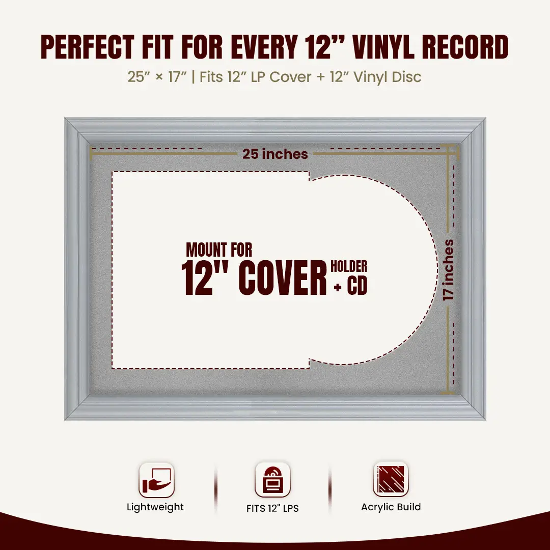 25x17" Classic Silver Vinyl Record Frame For 12 Inch LP Cover & Disc With Silver Mount | Overlapped Vinyl Display thumbnail 3