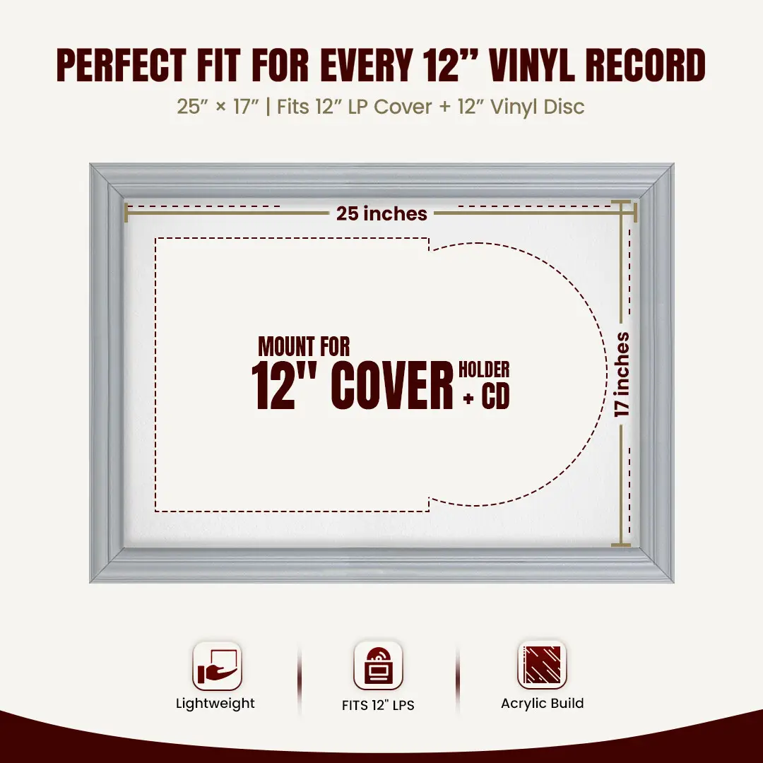 25x17" Classic Silver Vinyl Record Frame For 12 Inch LP Cover & Disc With Ice White Mount | Overlapped Vinyl Display thumbnail 3