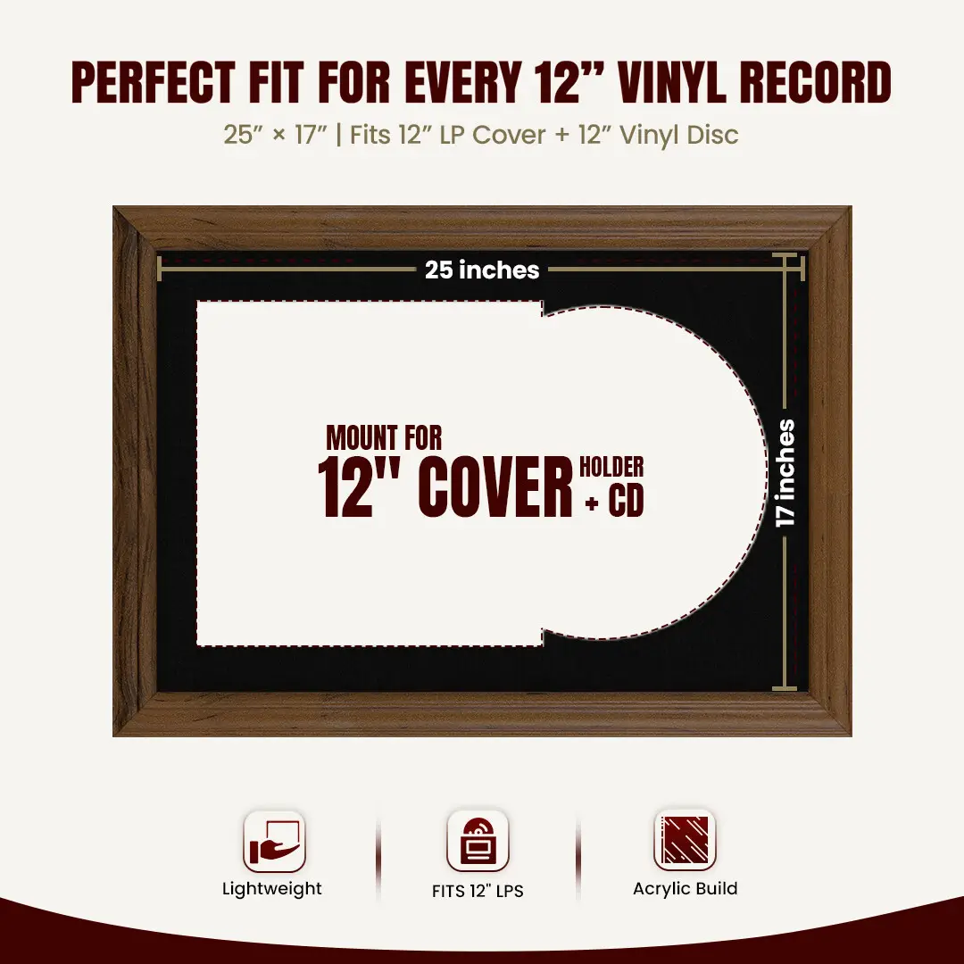 25x17" Classic Walnut Vinyl Record Frame For LP Cover & Disc With Black Mount | Overlapped Display thumbnail 3
