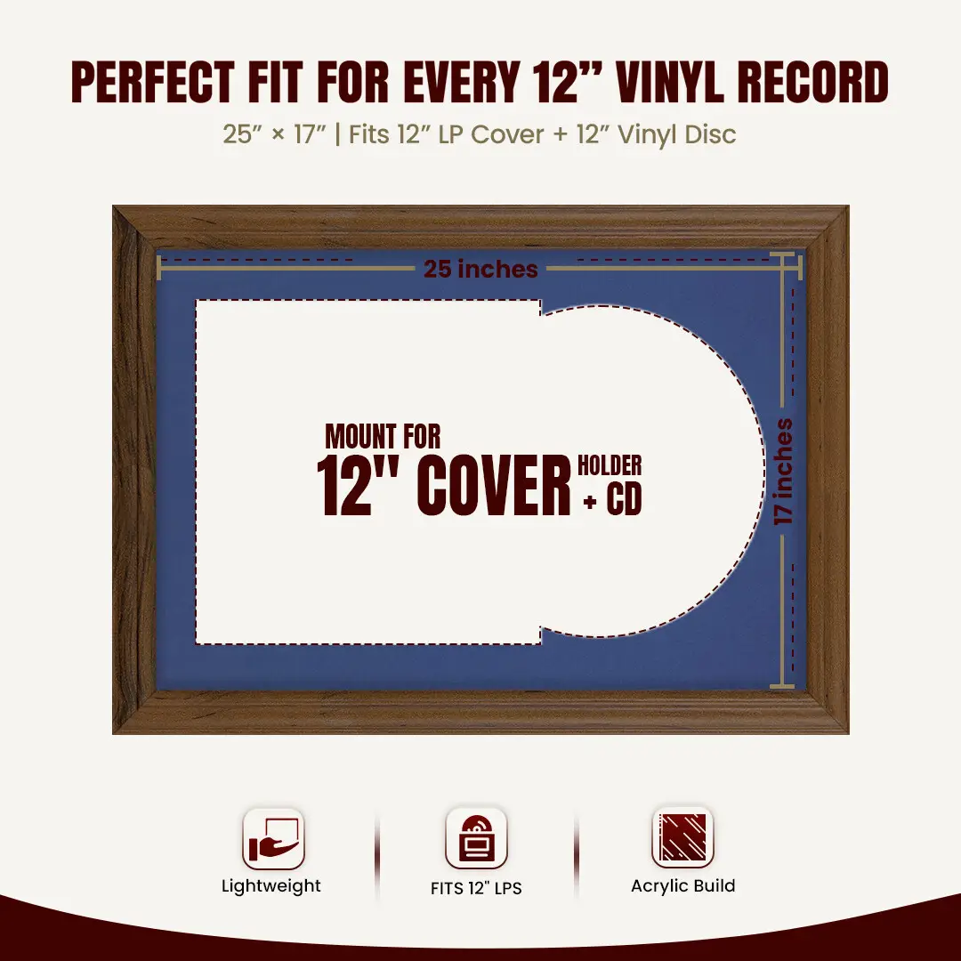 25x17" Classic Walnut Vinyl Record Frame For 12 Inch LP Cover & Disc (Overlapped) With Blue Mount | Elegant Music Display thumbnail 3