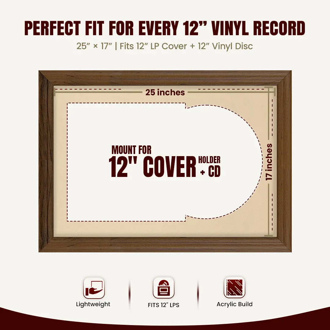25x17" Classic Walnut Vinyl Record Frame For LP Cover & Disc With Ivory Mount | Overlapped Display thumbnail 3