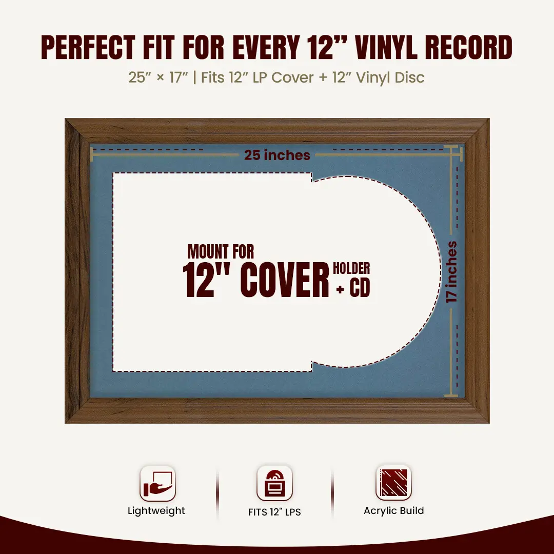 25x17" Classic Walnut Vinyl Record Frame For LP Cover & Disc With Pompador Mount | Overlapped Display thumbnail 3
