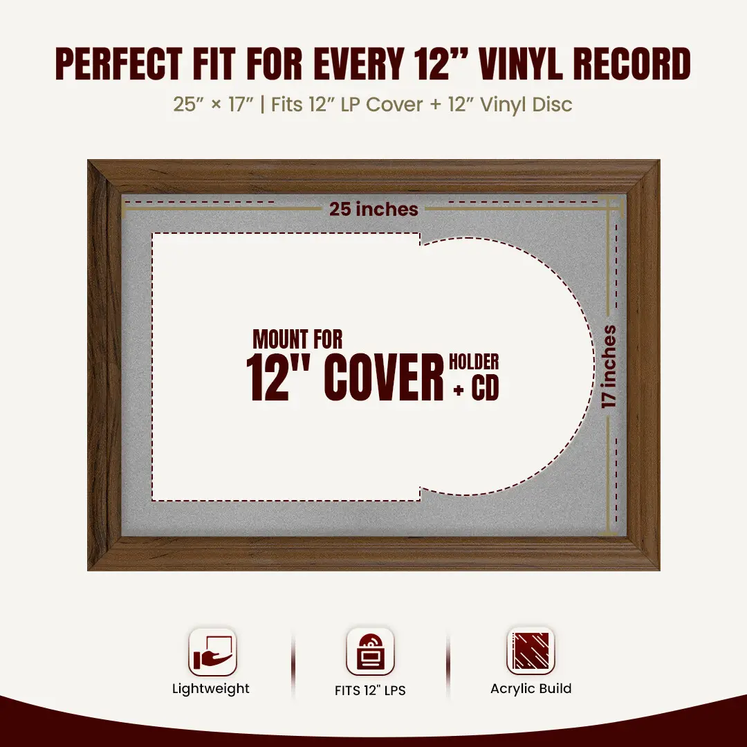 25x17" Classic Walnut Vinyl Record Frame For 12 Inch LP Cover & Disc With Silver Mount | Overlapped Vinyl Display thumbnail 3