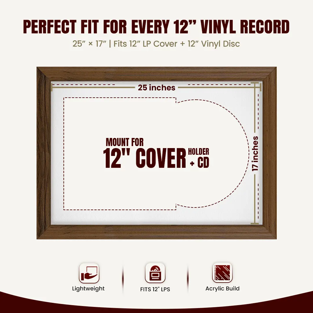 25x17" Classic Walnut Vinyl Record Frame For LP Cover & Disc With Ice White Mount | Overlapped Display thumbnail 3