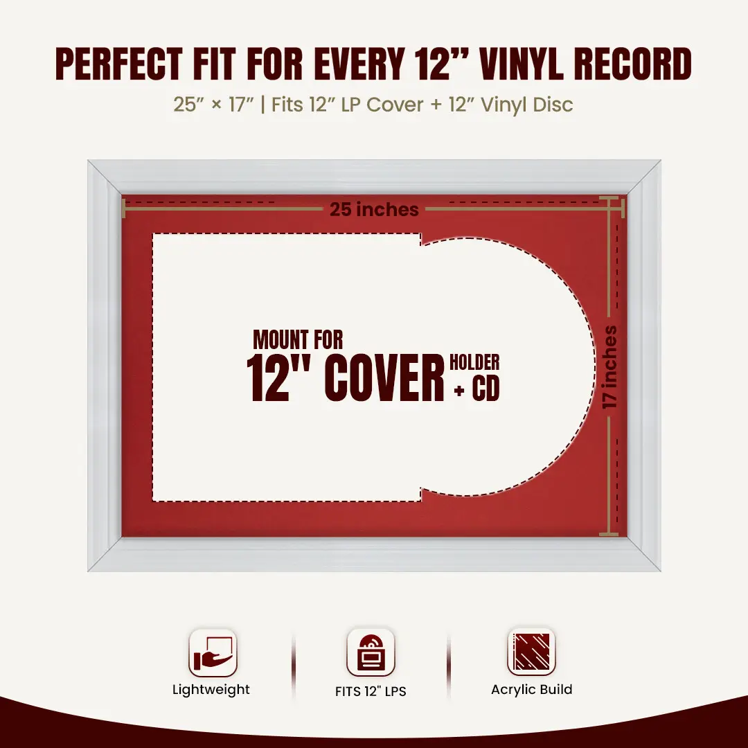 25x17" Classic White Vinyl Record Frame For 12 Inch LP Cover & Disc With Crimson Mount | Overlapped Vinyl Display thumbnail 3