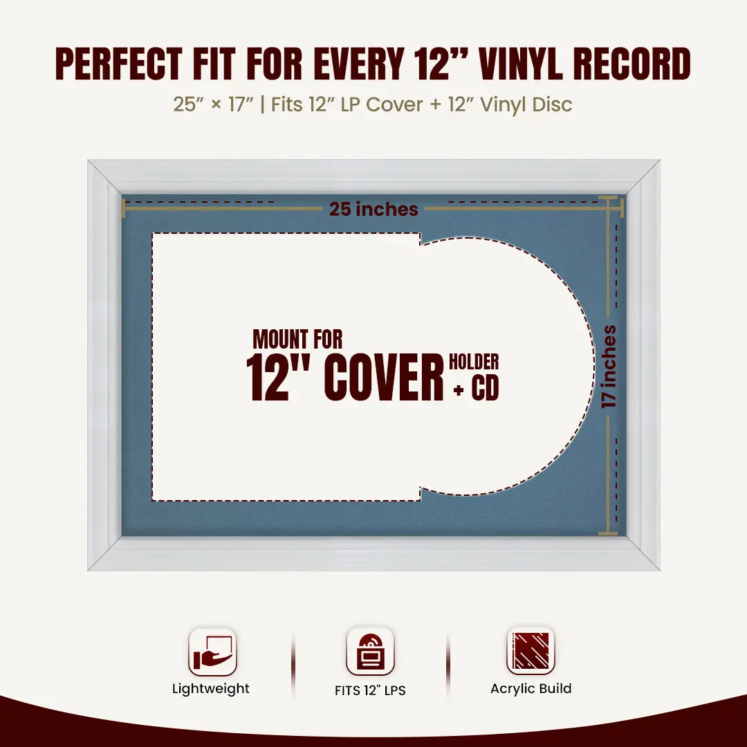25x17" Classic White Vinyl Record Frame For 12 Inch LP Cover & Disc (Overlapped) With Pompador Mount | Elegant Music Display thumbnail 3