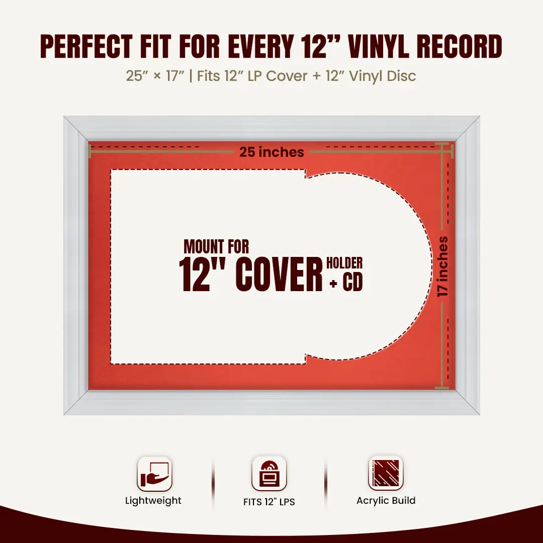 25x17" Classic White Vinyl Record Frame For 12 Inch LP Cover & Disc With Poppy Red Mount | Overlapped Vinyl Display thumbnail 3