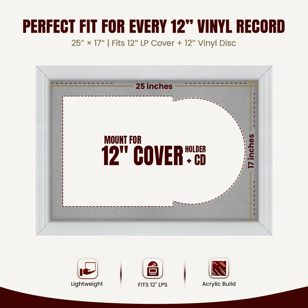 25x17" Classic White Vinyl Record Frame For LP Cover & Disc With Silver Mount | Overlapped Display thumbnail 3