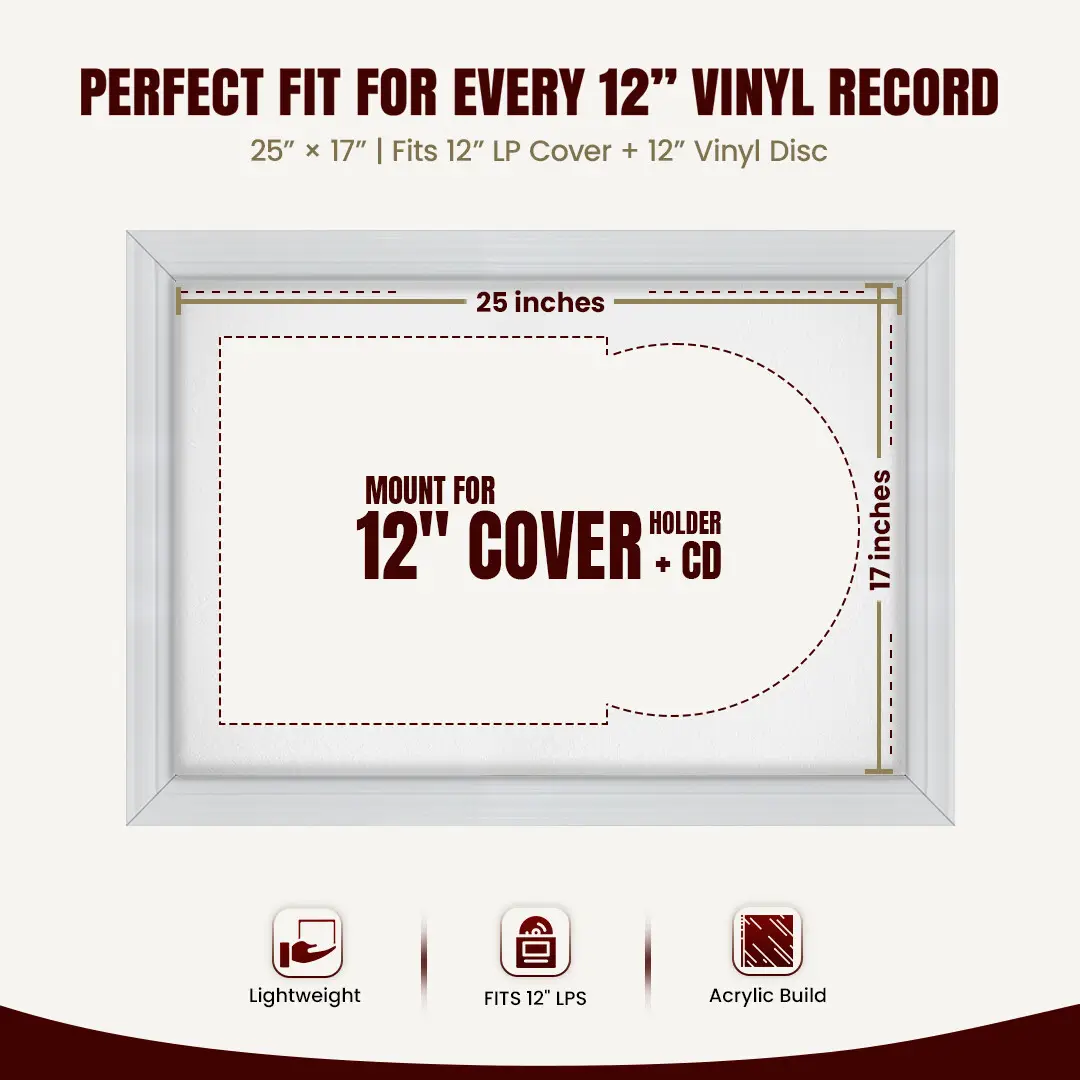 25x17" Classic White Vinyl Record Frame For LP Cover & Disc With Ice White Mount | Overlapped Display thumbnail 3