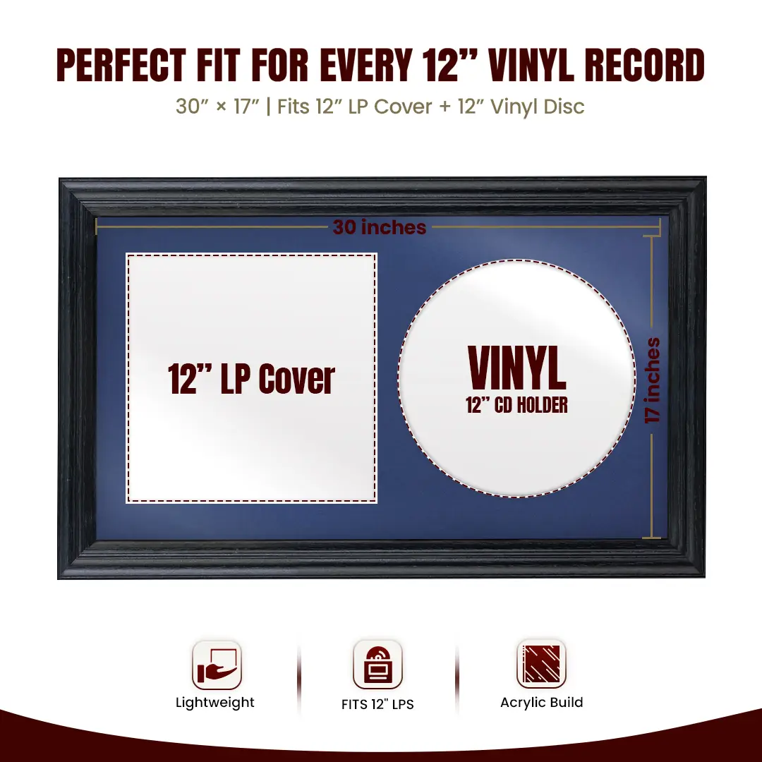 30x17" Classic Black Vinyl Record Frame With Silver Mount | For 12" LP Cover and Disc Side By Side Display thumbnail 3