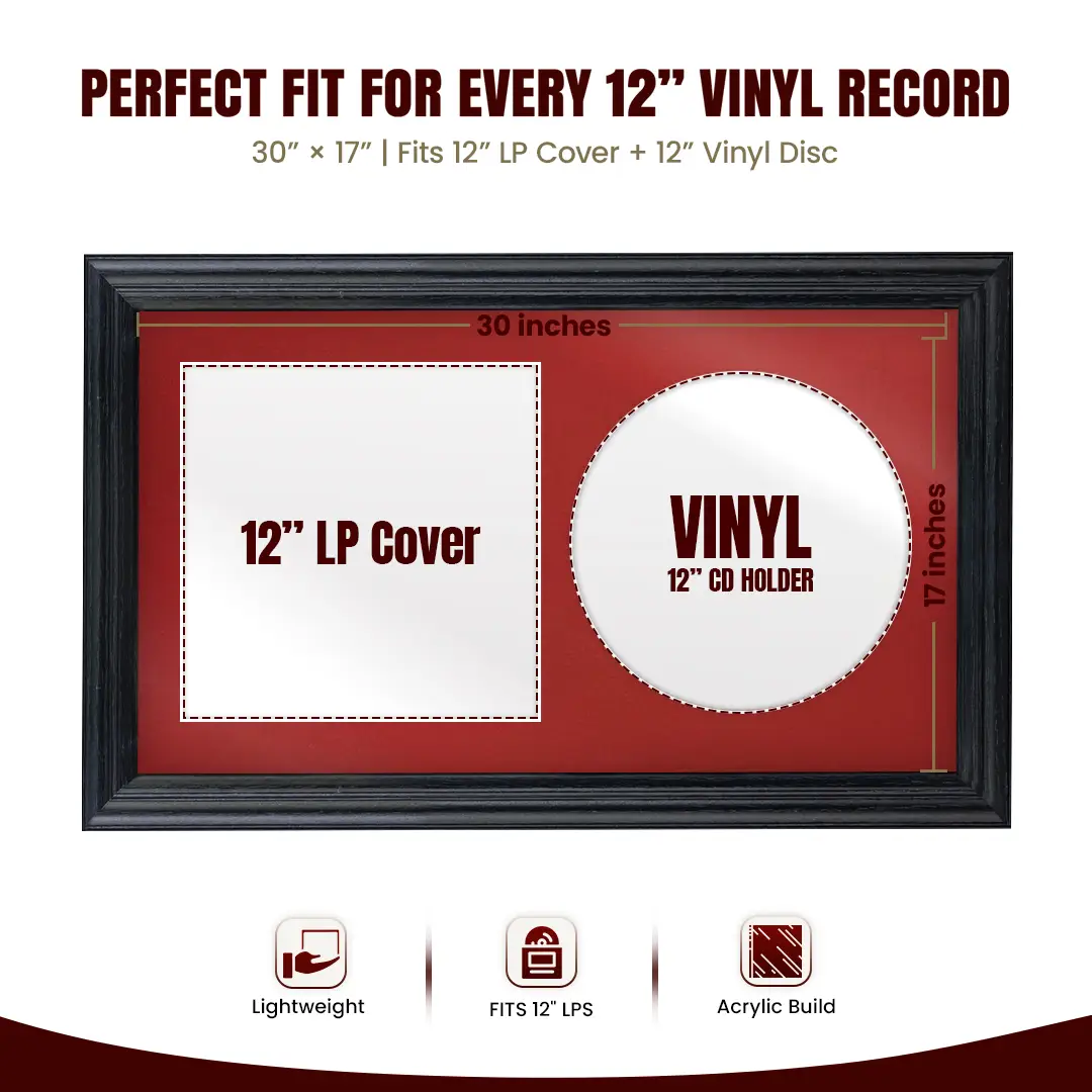 30x17" Classic Black Vinyl Record Frame With Crimson Mount | Side by Side 12" LP Cover & Disc Display thumbnail 3