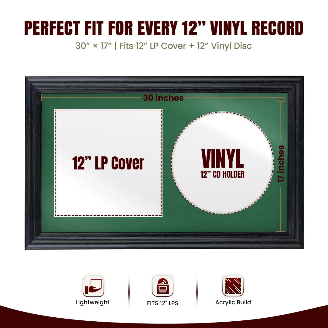 30x17" Classic Black Vinyl Record Frame With Emerald (Green) Mount | For 12" LP Cover and Disc Side By Side Display thumbnail 3