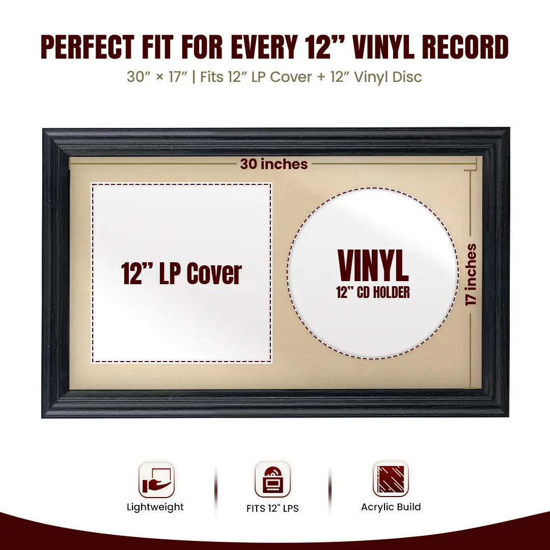 30x17" Classic Black Vinyl Record Frame With Ivory Mount | Side by Side 12" LP Cover & Disc Display thumbnail 3
