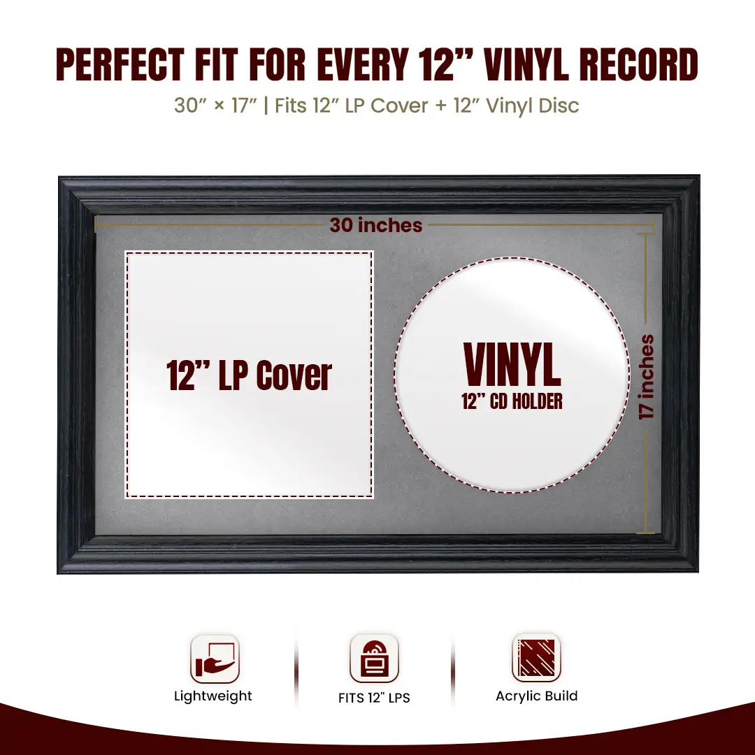 30x17" Classic Black Vinyl Record Frame With Mid Grey Mount | For 12" LP Cover and Disc Side By Side Display thumbnail 3