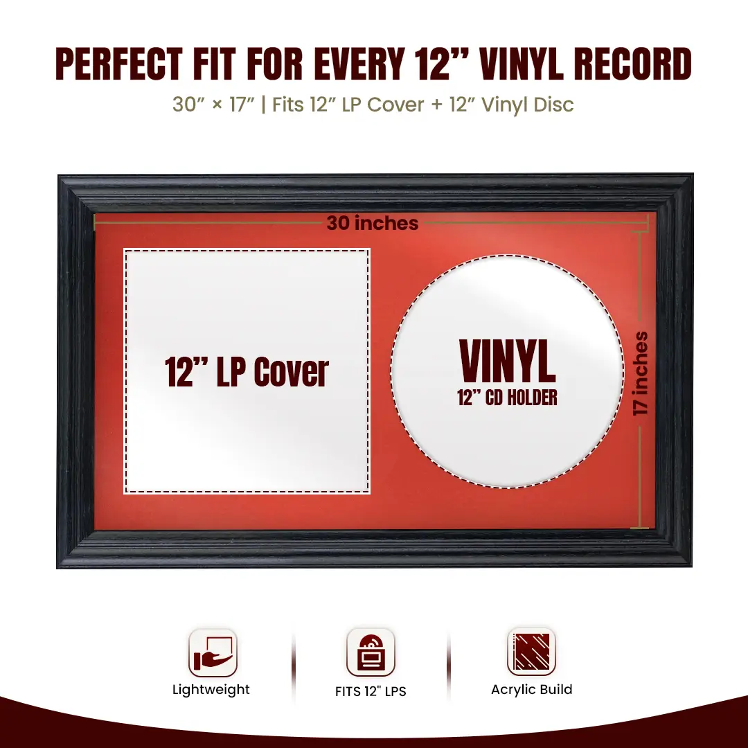 30x17" Classic Black Vinyl Record Frame With Silver Mount | Displays 12" LP Cover & Disc Side by Side thumbnail 3