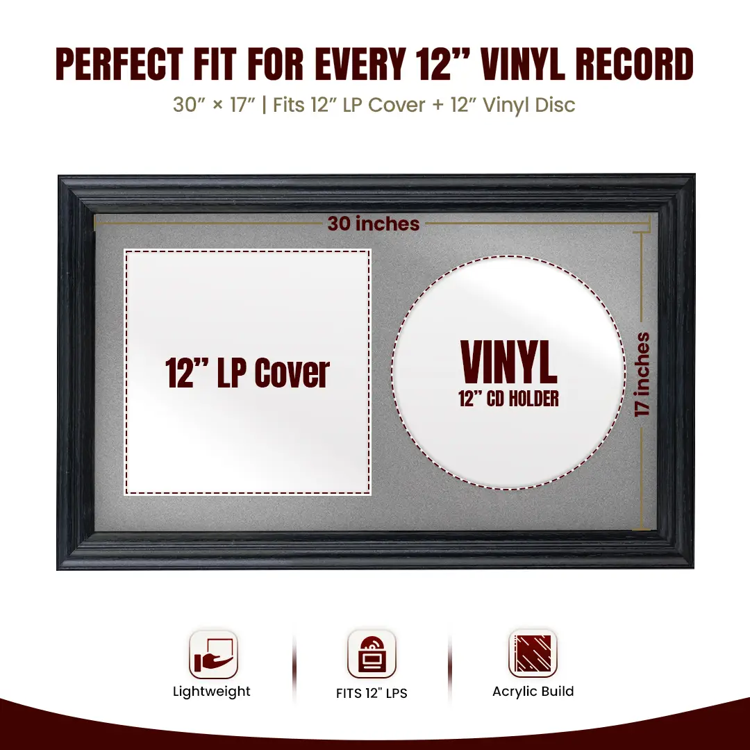 30x17" Classic Black Vinyl Record Frame With Silver Mount | For 12" LP Cover and Disc Side By Side Display thumbnail 3